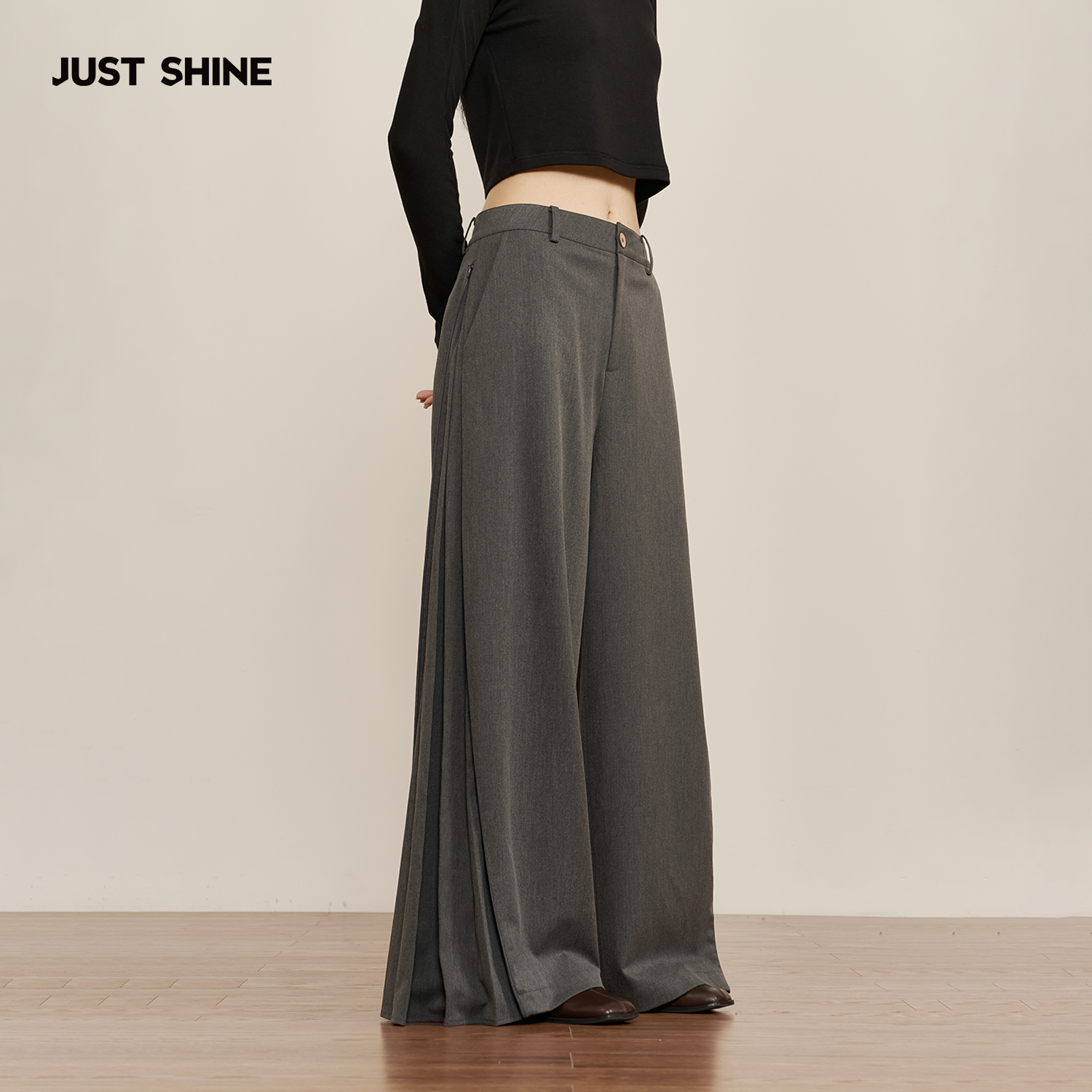 JUSTSHINE 2025侧边拉链百褶阔腿裤秋顺滑质感慵懒垂感休闲长裤