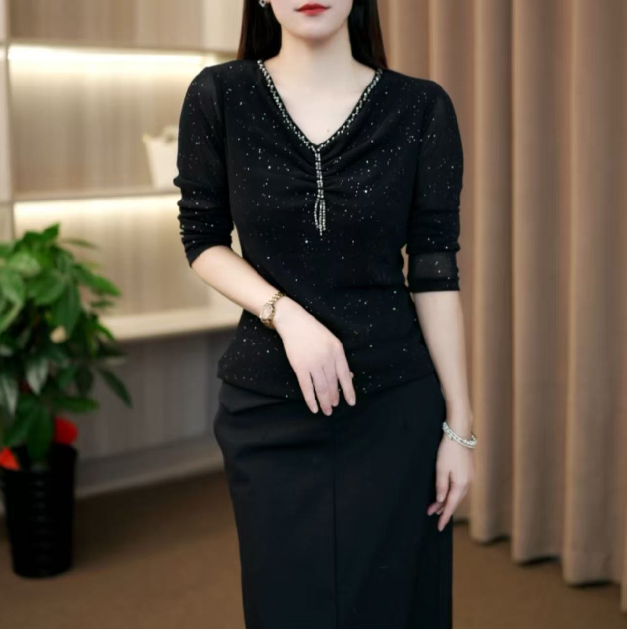 秋冬订珠时尚长袖V领修身百搭气质显瘦宽松打底衫洋气T恤上衣06