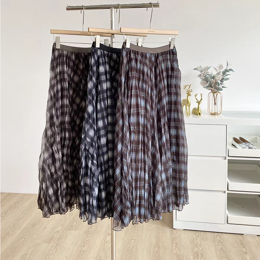 韩系复古格子纱网半身裙女2025早秋高腰显瘦A字裙伞裙百搭大摆裙