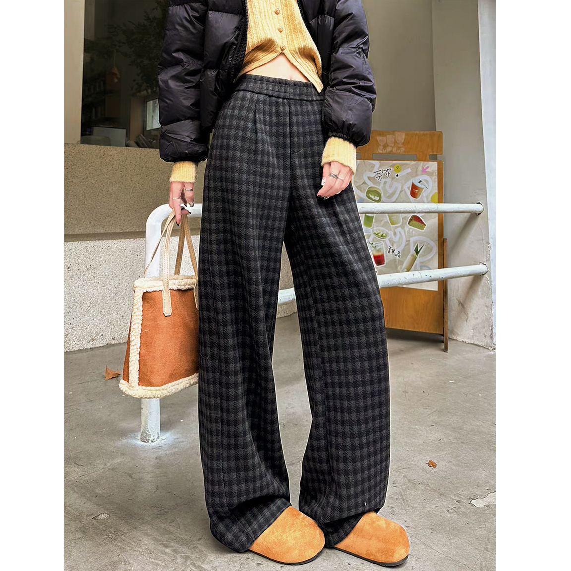 复古格子阔腿裤女2025秋冬新款加绒保暖黑灰色高腰百搭宽松休闲裤
