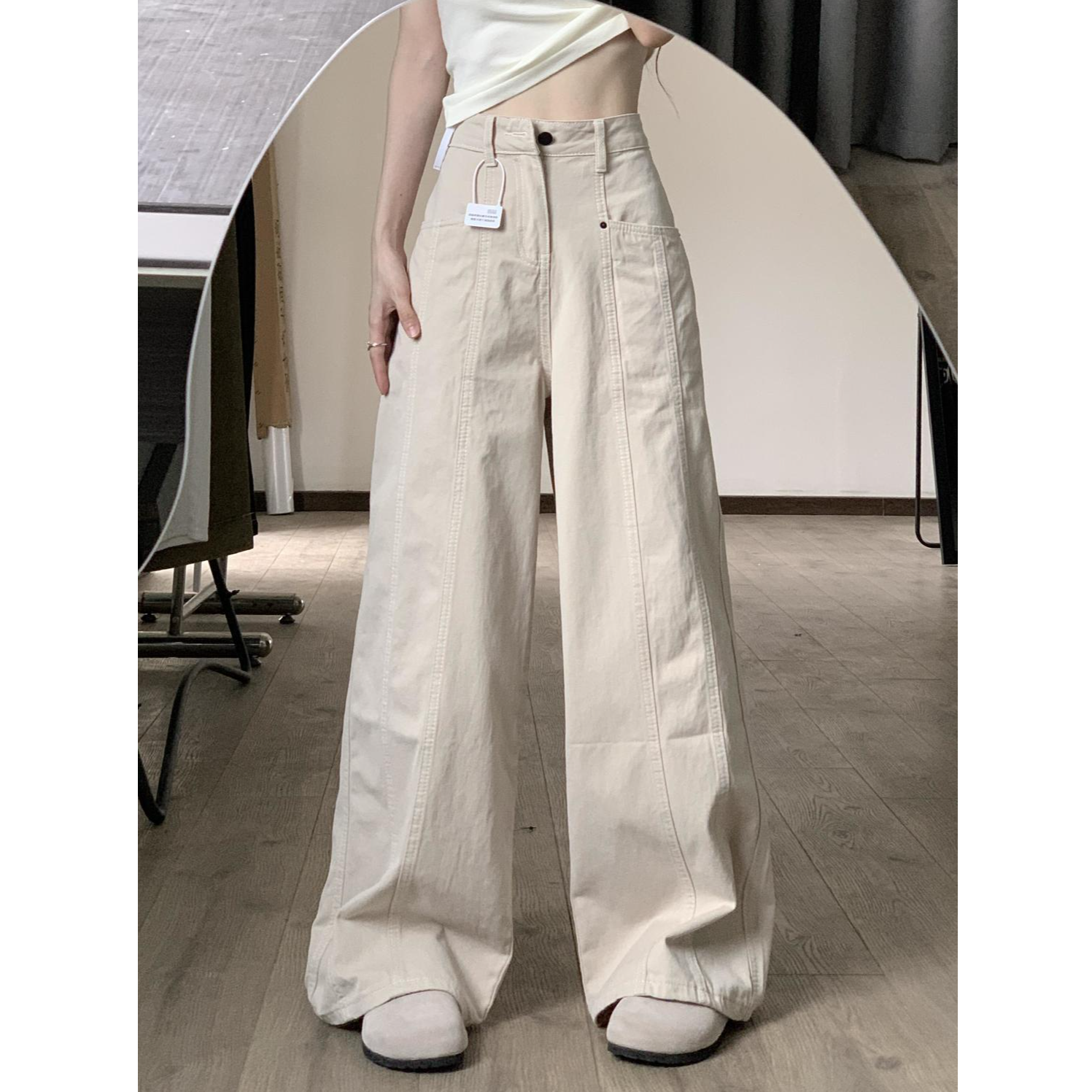 美式米杏色复古工装牛仔裤女秋季新款高腰宽松显瘦直筒阔腿长裤潮