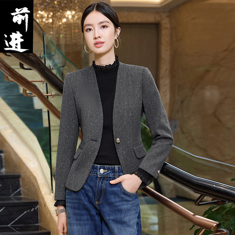 高级灰短款休闲女士小西装外套女秋冬气质修身显瘦毛呢西装上衣