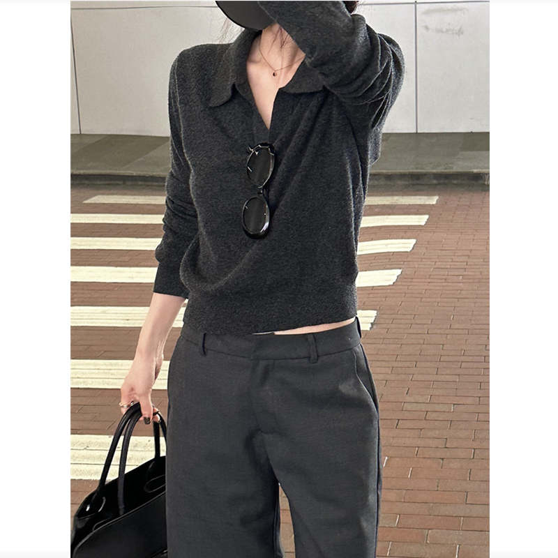 老钱风翻领针织衫女百搭秋季长袖上衣秋冬显瘦内搭毛衣打底polo衫
