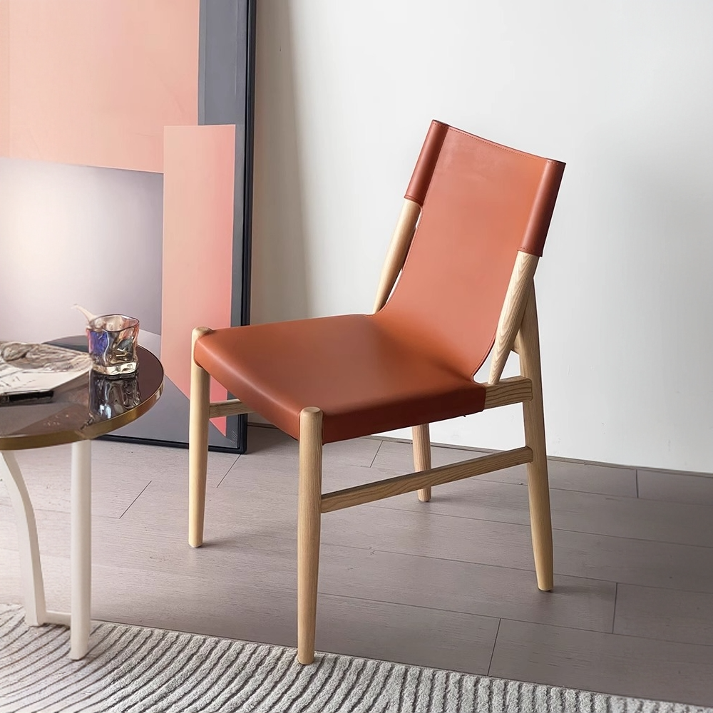 简奢家用马鞍皮餐椅现代大师设计感原木椅高档酒店会客洽谈书桌椅