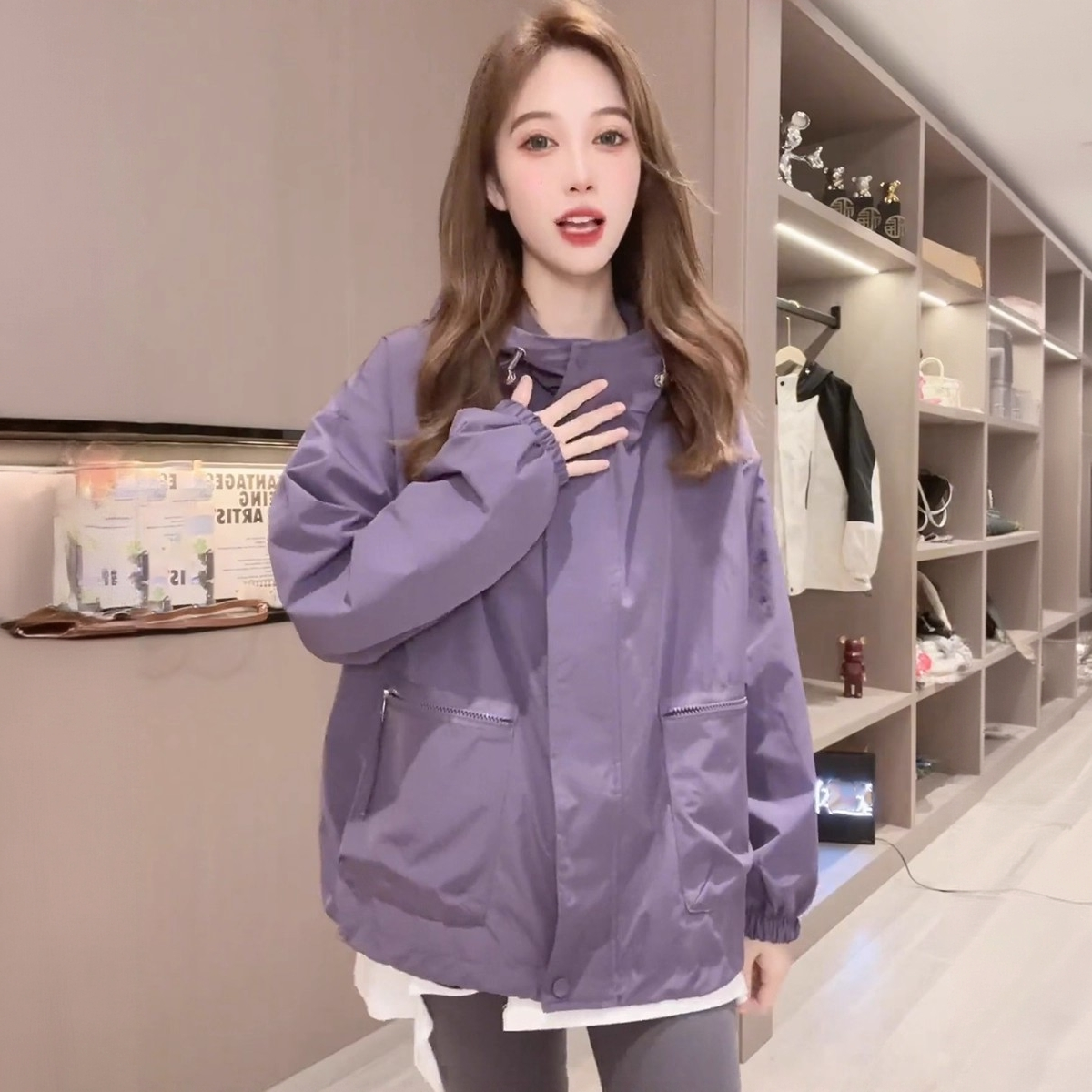 休闲宽松连帽冲锋衣外套女秋冬季新款棒球服运动夹克百搭加棉上衣