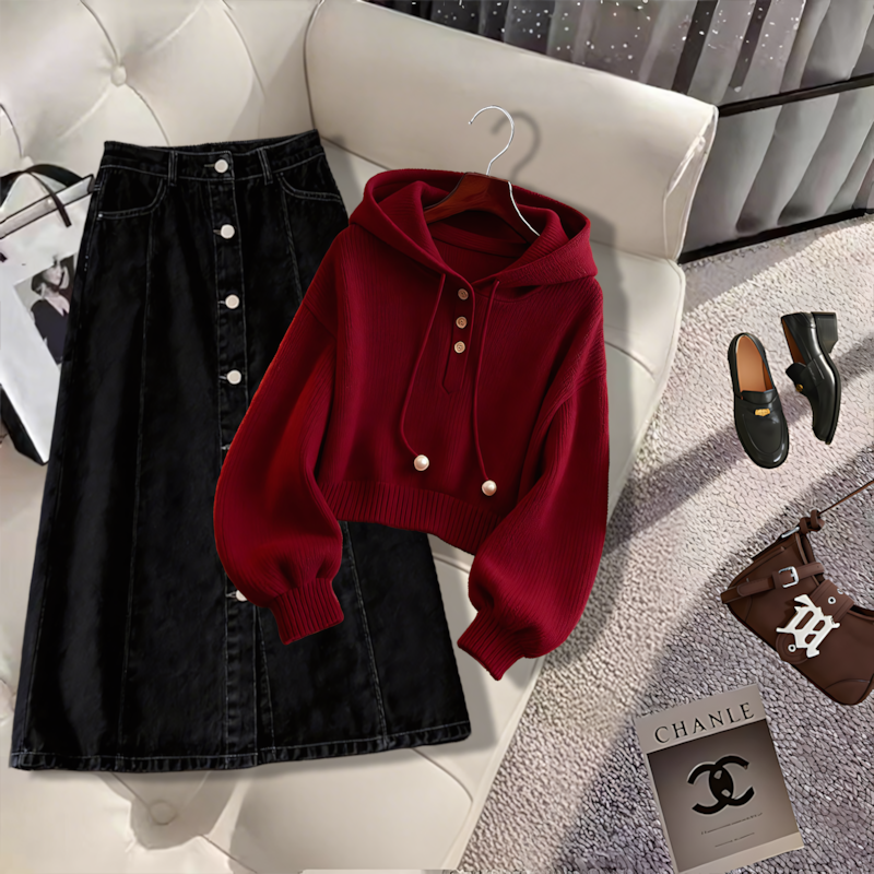 小众红色连帽抽绳针织卫衣秋季新款法式时尚百搭牛仔半身裙两件套