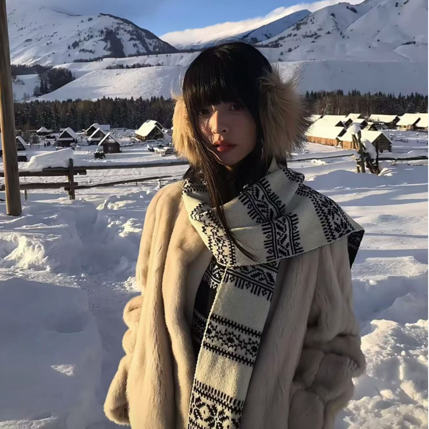 费尔岛风复古提花针织围巾女秋冬季双面保暖旅游拍照披肩围脖学生