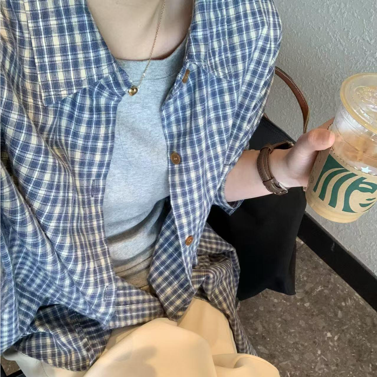 宽松慵懒风休闲蓝色格子长袖衬衫外套女早秋女装开衫衬衣洋气上衣