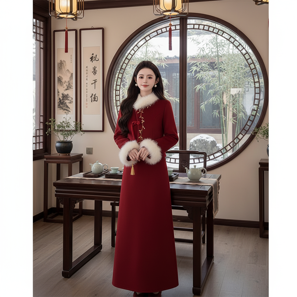 新年战袍女2025冬季新款新中式国风盘扣半身裙红色两件套刺绣外套