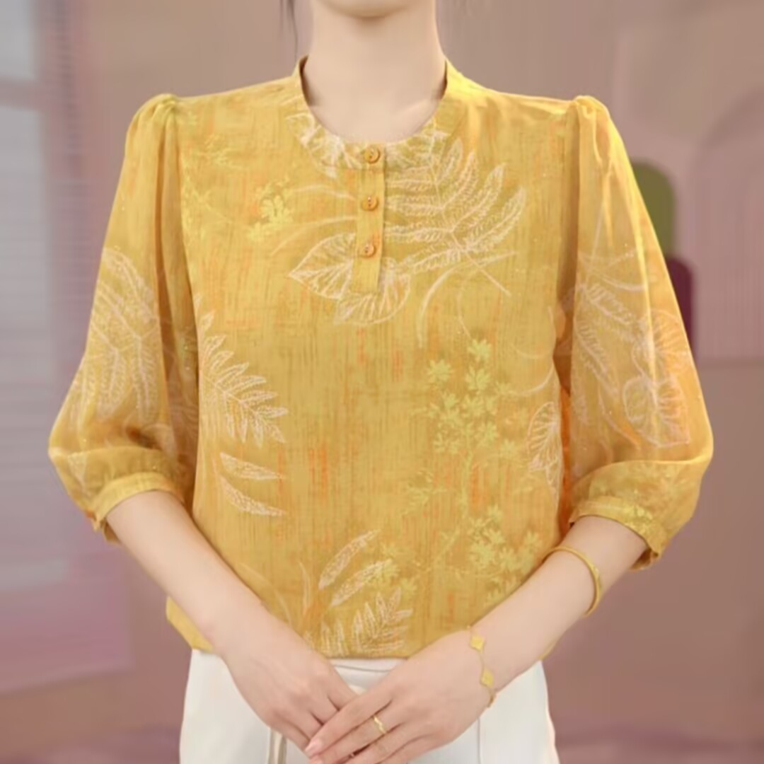 早秋外穿时尚七分袖薄款冰丝衬衫大码胖mm显瘦宽松雪纺印花小衫