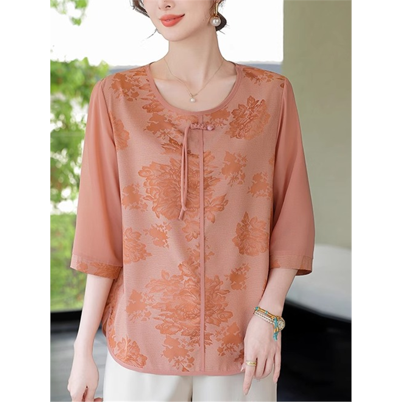 新中式妈妈夏装国风T血衫2025新款中老年春夏雪纺七分袖上衣女