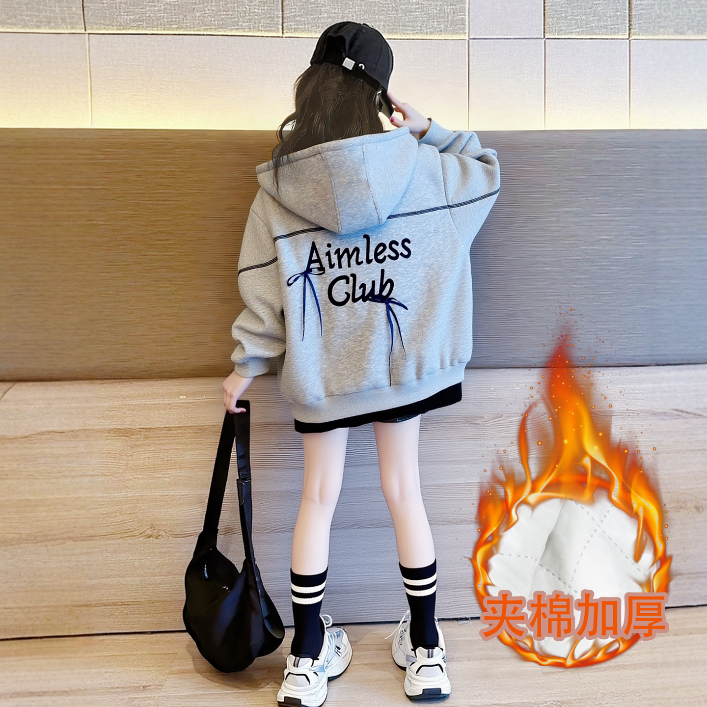 女童夹棉加厚外套2025冬季新款网红洋气中大童连帽保暖厚卫衣棉衣