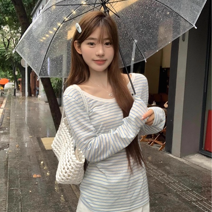 欧美式蓝色V领条纹防晒长袖t恤女秋季韩系松弛慵懒感宽松罩衫上衣