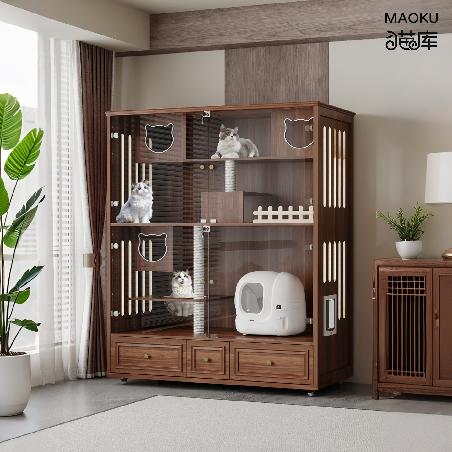 实木猫别墅室内家用大空间新中式猫窝带厕所一体豪华猫柜子大空间