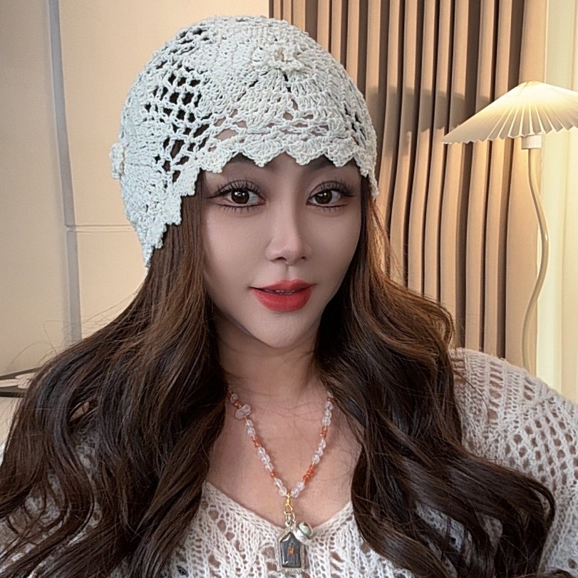 手工编织棉线锯齿大花镂空包头帽网红时尚透气薄款夏季针织帽