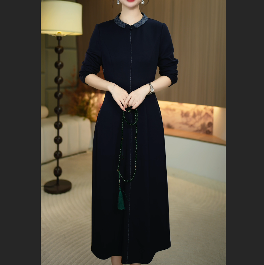 【暖晴川】秋季新款新款新中式减龄娃娃领中长款气质连衣裙