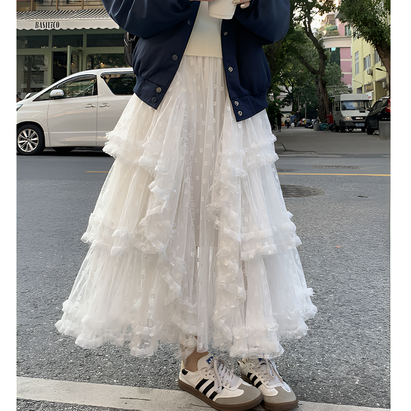 高级感不规则蕾丝拼接半身裙女温柔高腰遮肉显瘦百搭a字蛋糕裙