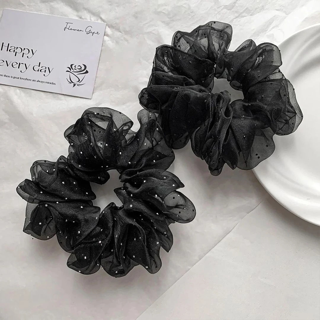 欧根纱丸子头大肠发圈2025新款黑色高级感点钻发绳女头花头绳发饰