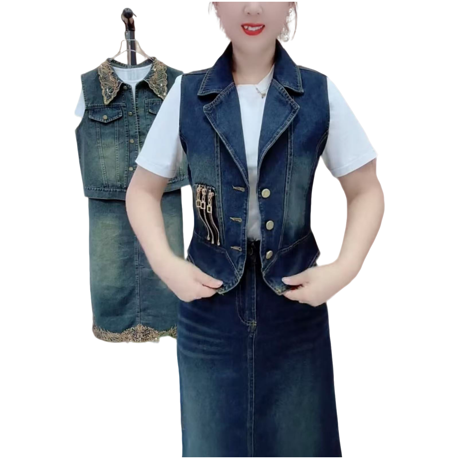 11-830新款牛仔套装马甲+短袖+裙气质显瘦百搭洋气