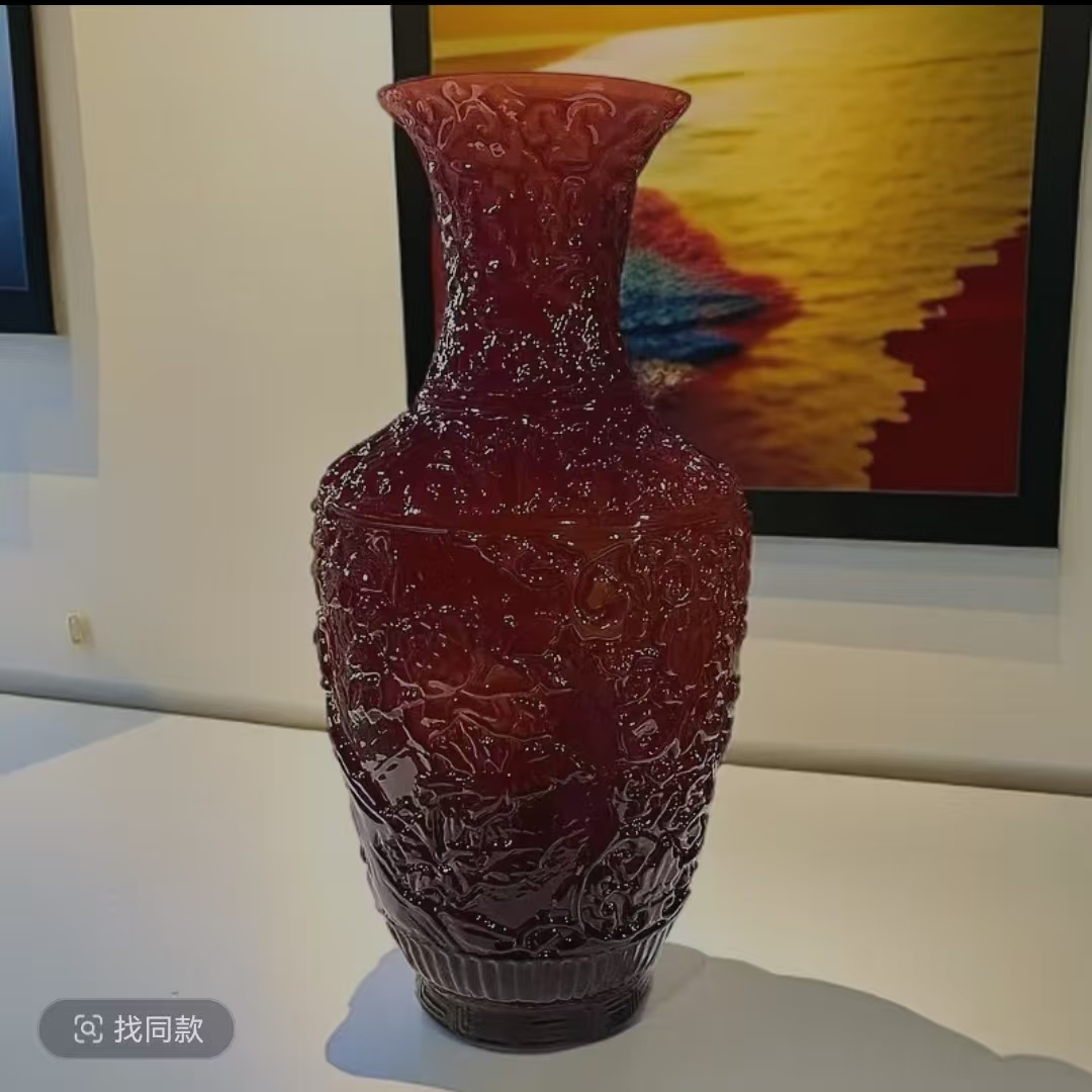 红牡丹艺术花瓶刻花雕花高级轻奢桌面插花摆件