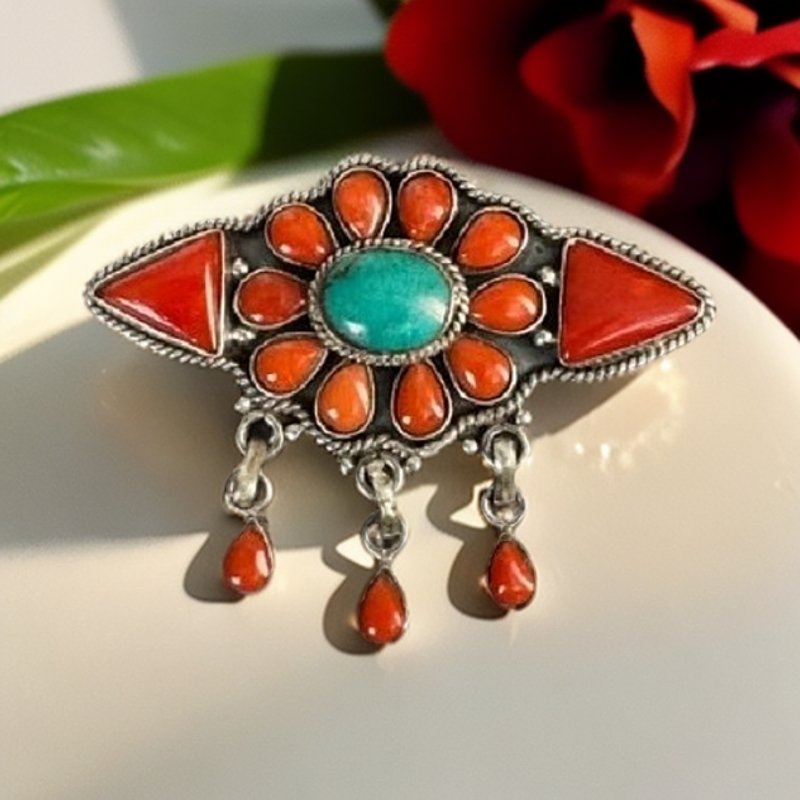 铜合金胸针 藏式尼泊尔民族风胸针流苏时尚个性复古女生饰品镶嵌
