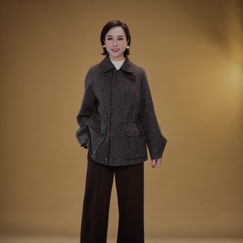 【赞妈甄选】新款翻领斜纹复古宽松气质羊绒外套ZM1986N