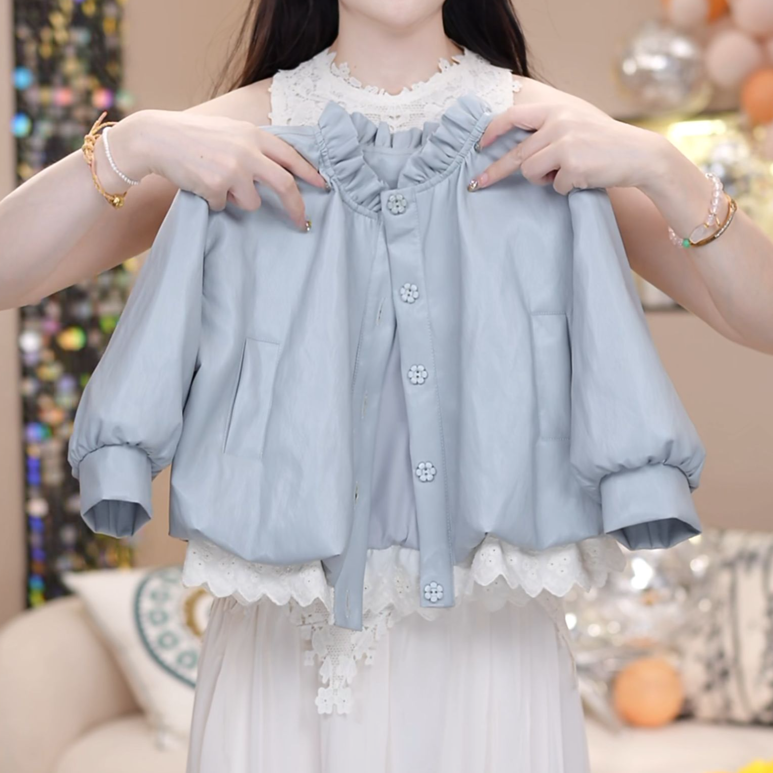 女童皮衣春秋2025新款中大童拉链外套洋气时髦圆领上衣蓝色皮夹克