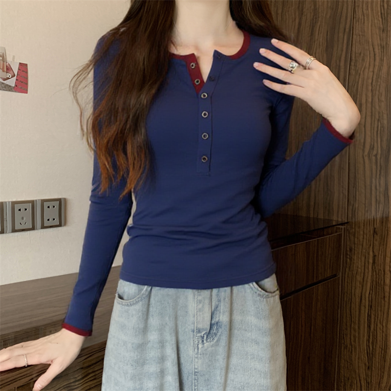 春秋季洋气正肩显瘦修身莫代尔撞色纽扣长袖打底衫女设计感上衣