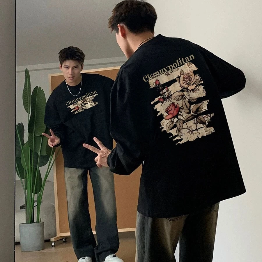 美式重磅印花长袖t恤男青少年痞帅圆领卫衣潮牌高级感黑色打底衫