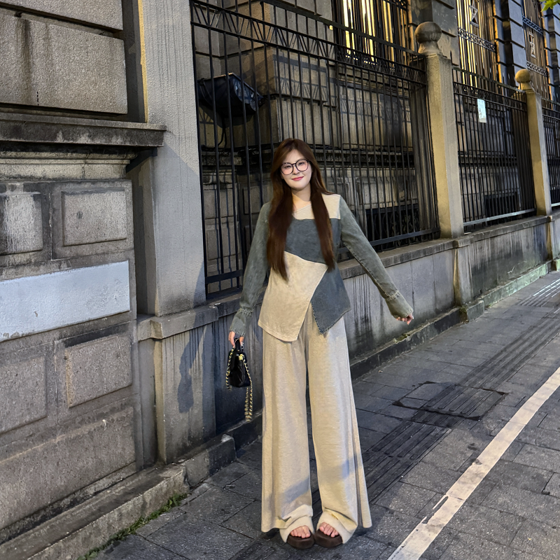 盈盈&南岛风大码女装胖mm牛仔拼接上衣秋季长裤子半裙套装ZYY2159