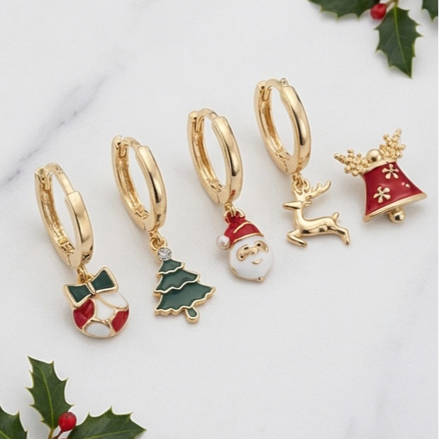 铜合金锆石耳饰 秋冬高级感圣诞耳饰套装可爱女耳钉甜美流苏耳环