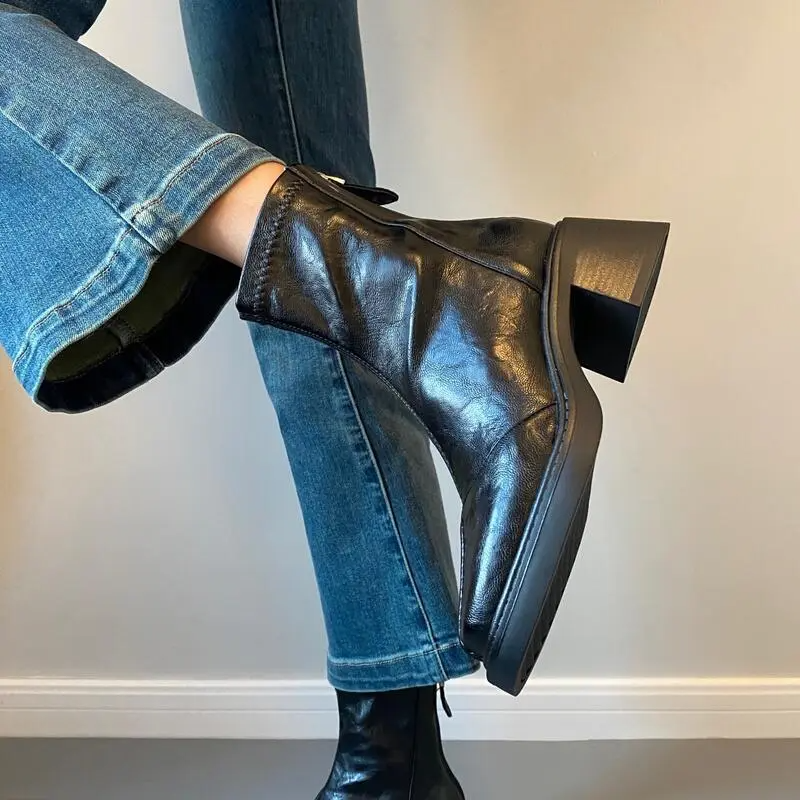 羊皮法式复古拼接棕色弹力瘦瘦靴高跟短靴小个子弹力靴秋冬马丁靴