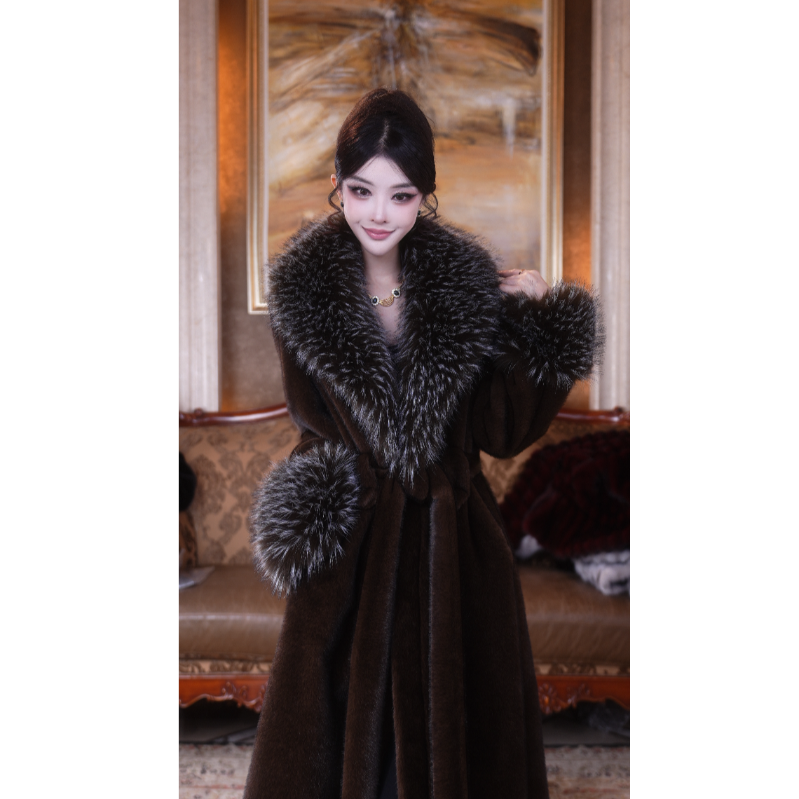 法式高奢气质秋冬新款双色毛领毛毛外套