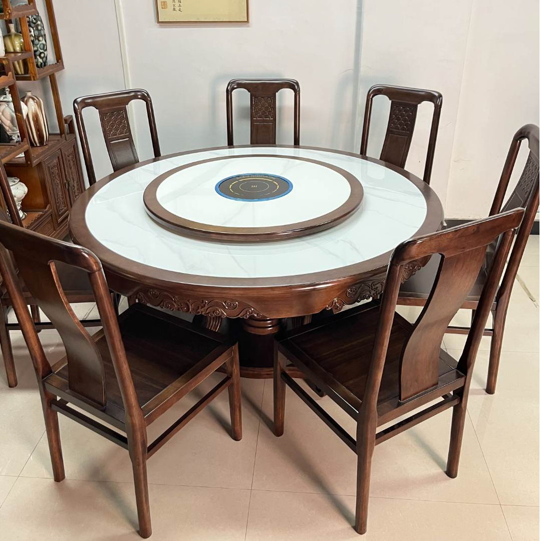 【乌金色】新中式实木内镶岩板餐桌家用大圆桌饭桌椅现代简约2米