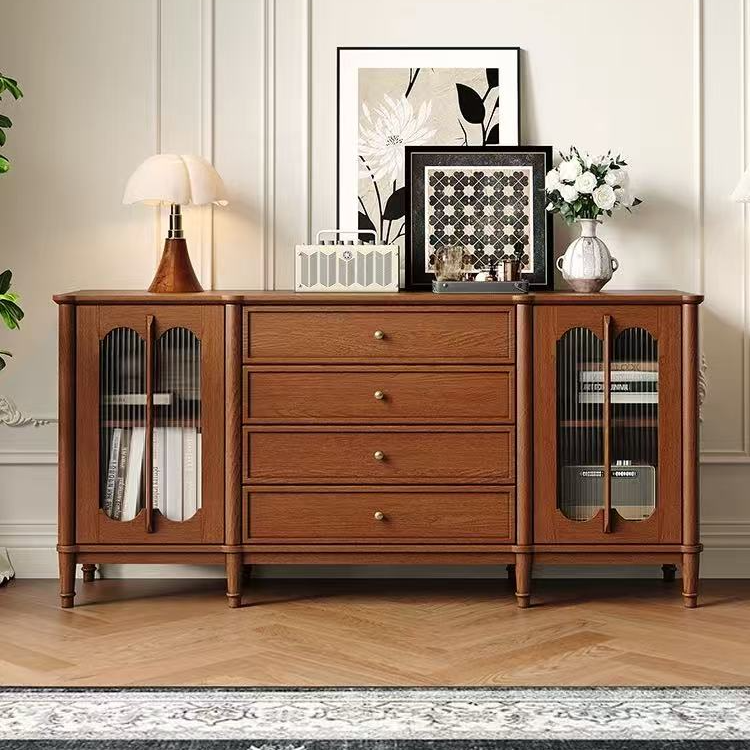 实木餐边柜玻璃门一体靠墙小户型中古风餐厅茶水柜卧室床尾储物柜