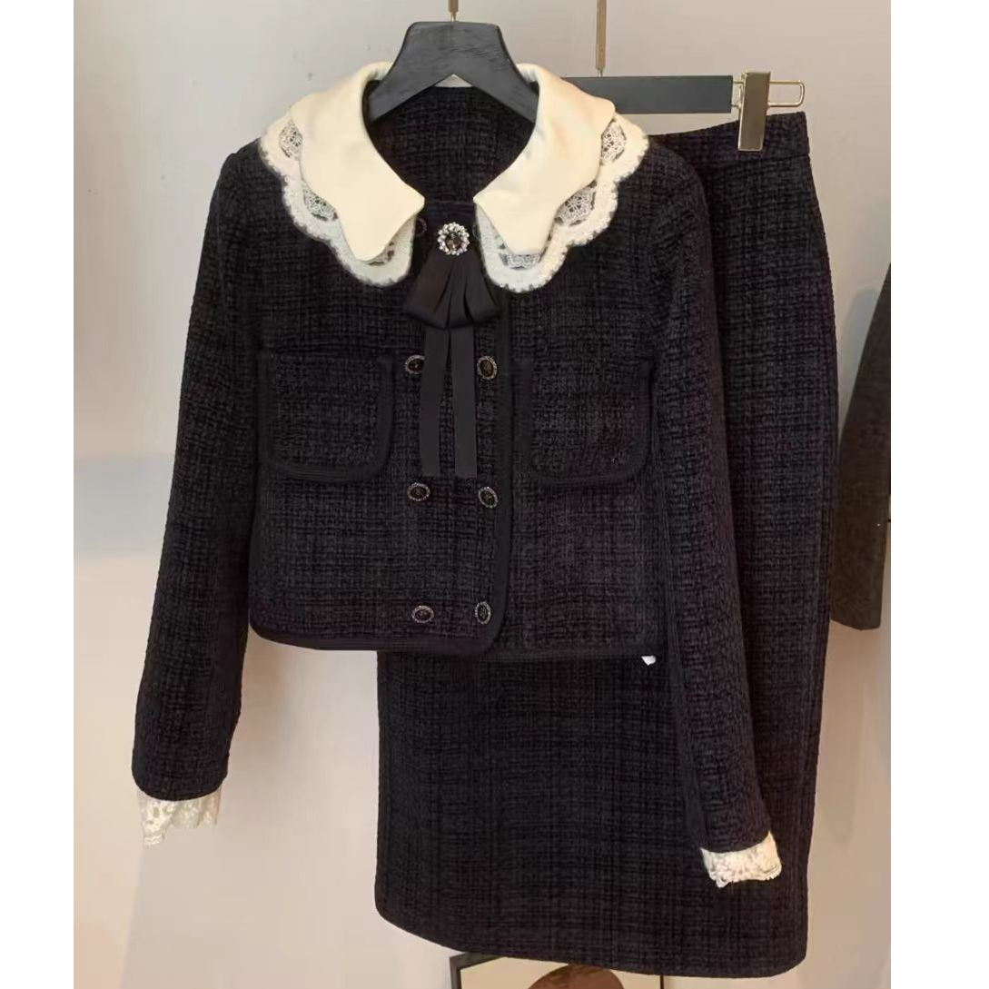 （现货）娃娃领外套套装高级感显瘦加厚小香风撞色上衣A字裙3003