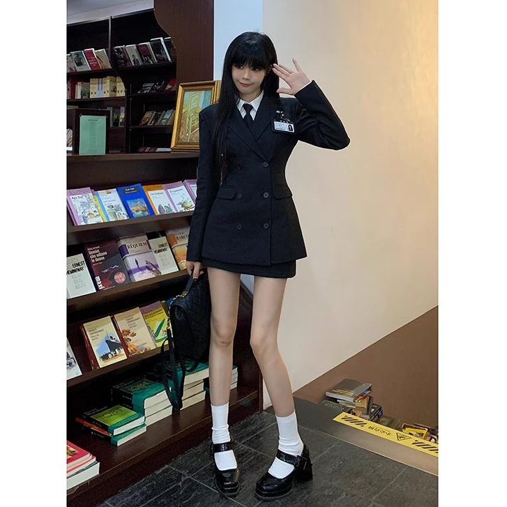 张元英同款上衣外套西装套装女早春JK制服收腰修身包臀裙三件套女