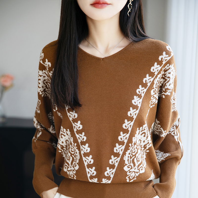 品牌时尚女装圆领提花桑蚕丝重工针织长袖春秋季厚款百搭上衣优雅