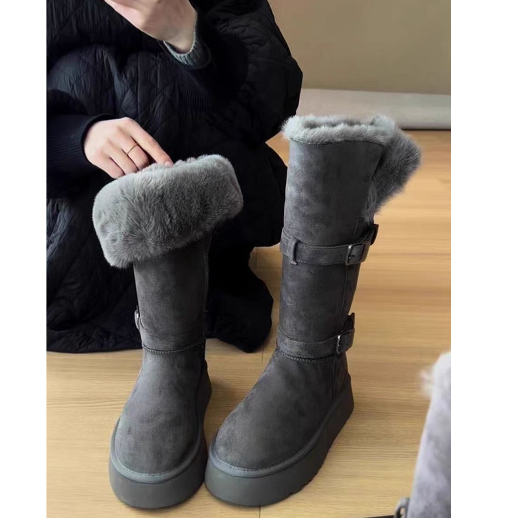 厚底灰色雪地靴女2025冬季新款长款加绒加厚保暖棉靴1377
