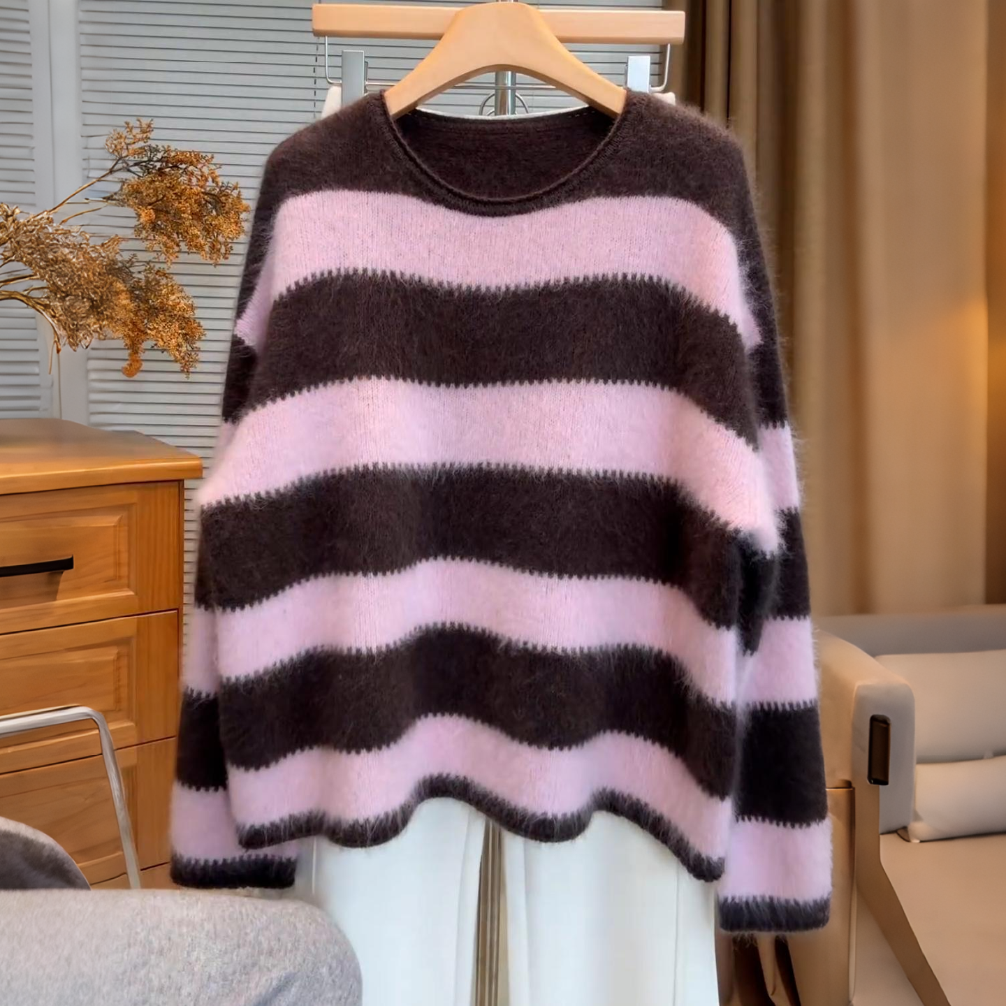 设计感条纹撞色长袖针织衫女秋冬韩系慵懒松弛感宽松百搭毛衣上衣