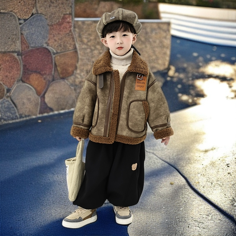 男童秋冬款皮毛一体外套加厚韩范痞帅男孩加绒上衣儿童夹克棉衣潮