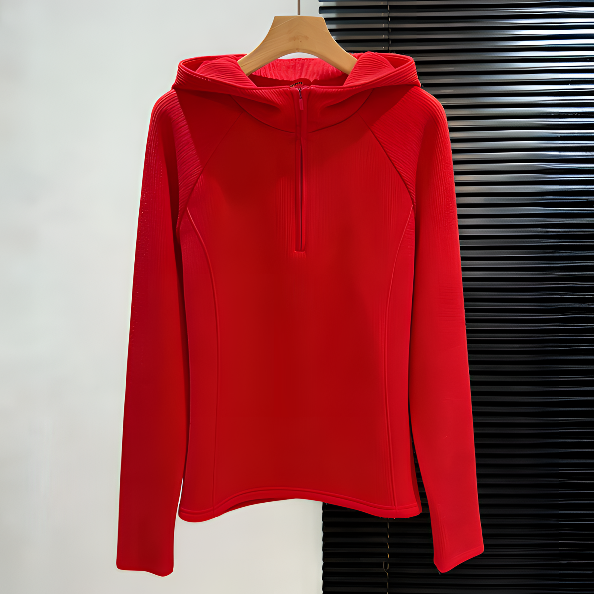 韩版复古红色半拉链加绒连帽衫女洋气外穿修身显瘦打底衫内搭上衣