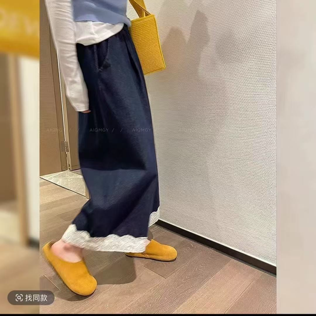 【现货+运费险】1835花边设计牛仔蓝九分裤夏季薄显瘦阔腿裤休闲裤