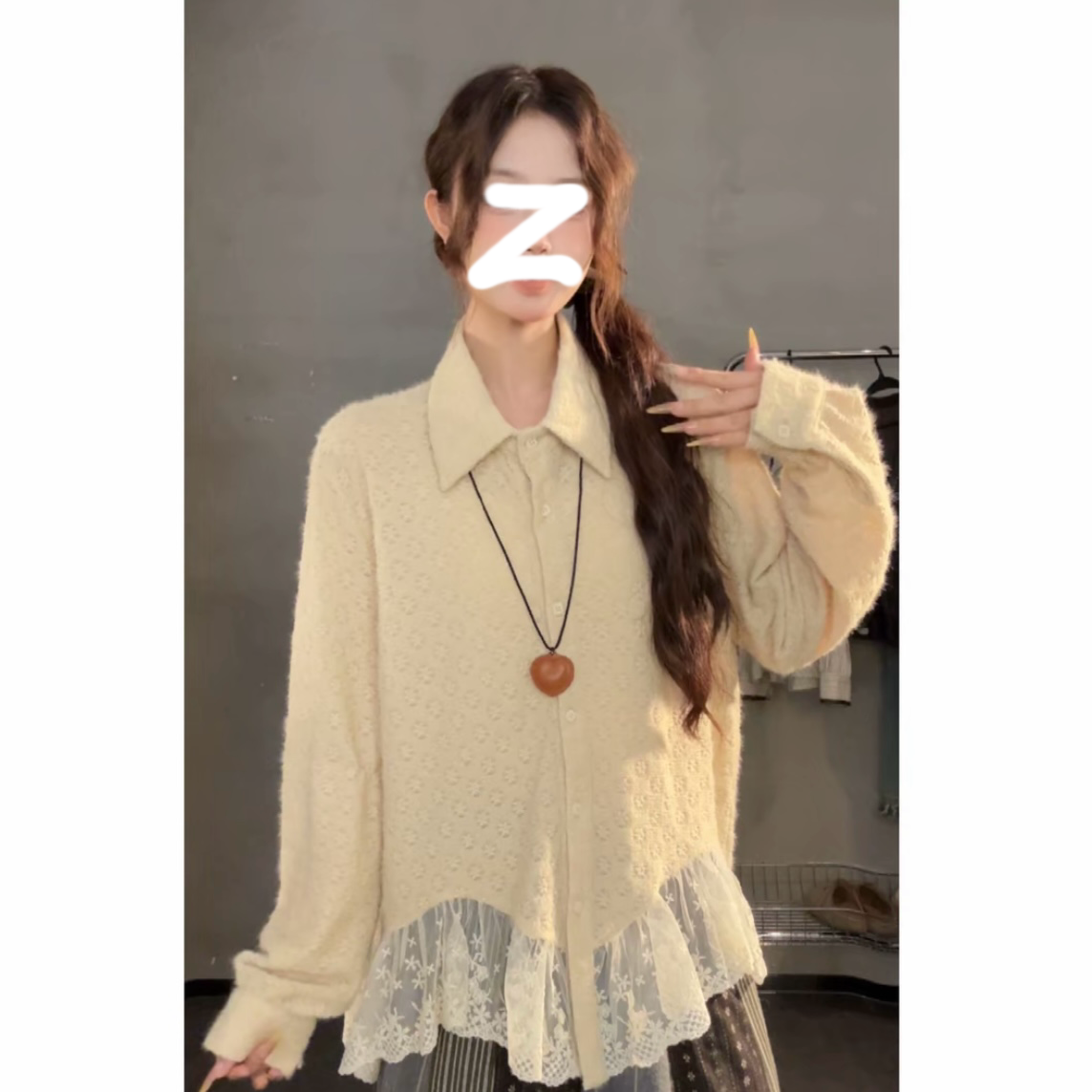 【有运补】长袖小众设计师款宽松休闲蕾丝拼接上衣