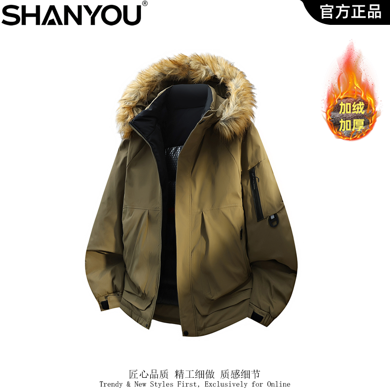 户外风大毛领连帽男外套工装多口袋设计潮酷上衣秋冬保暖大码棉衣