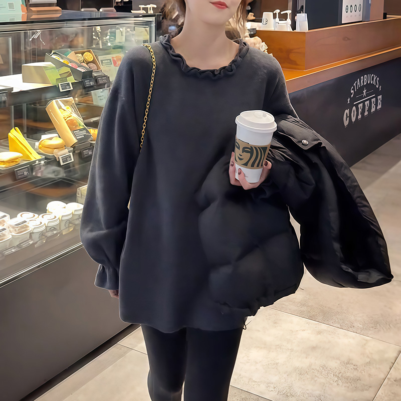 大码韩系花边圆领灰色毛衣2025秋冬上衣宽松内搭花苞袖针织打底衫