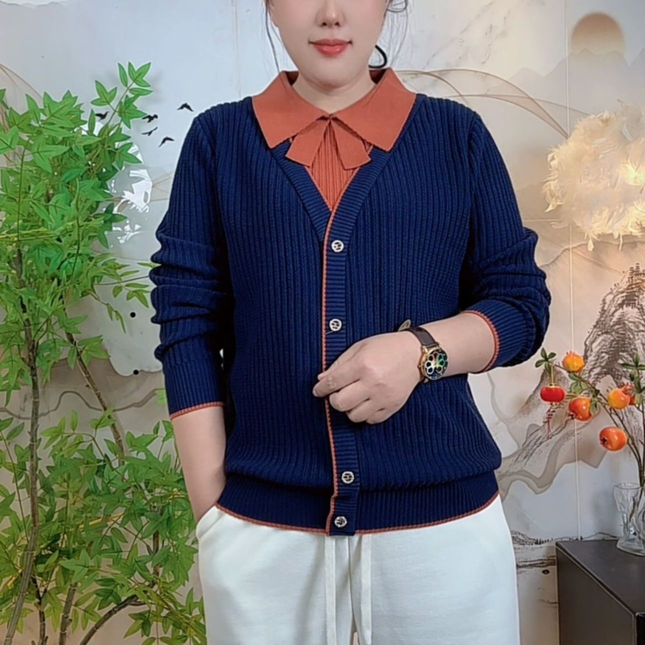 1818假两件翻领秋冬显瘦女毛针织衫时尚套头长袖撞色百搭上衣洋气