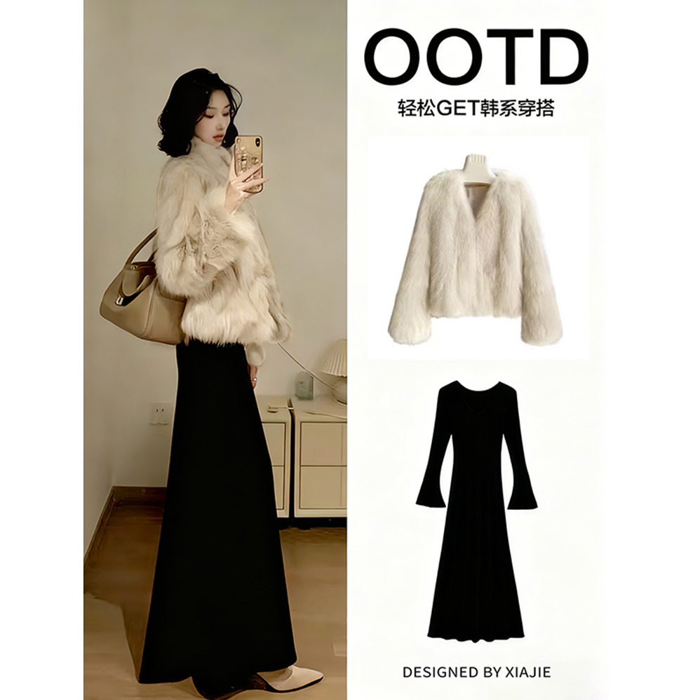 巨好看皮草连衣裙一整套2025爆款绝美赫本风贵感穿搭深冬裙子套装