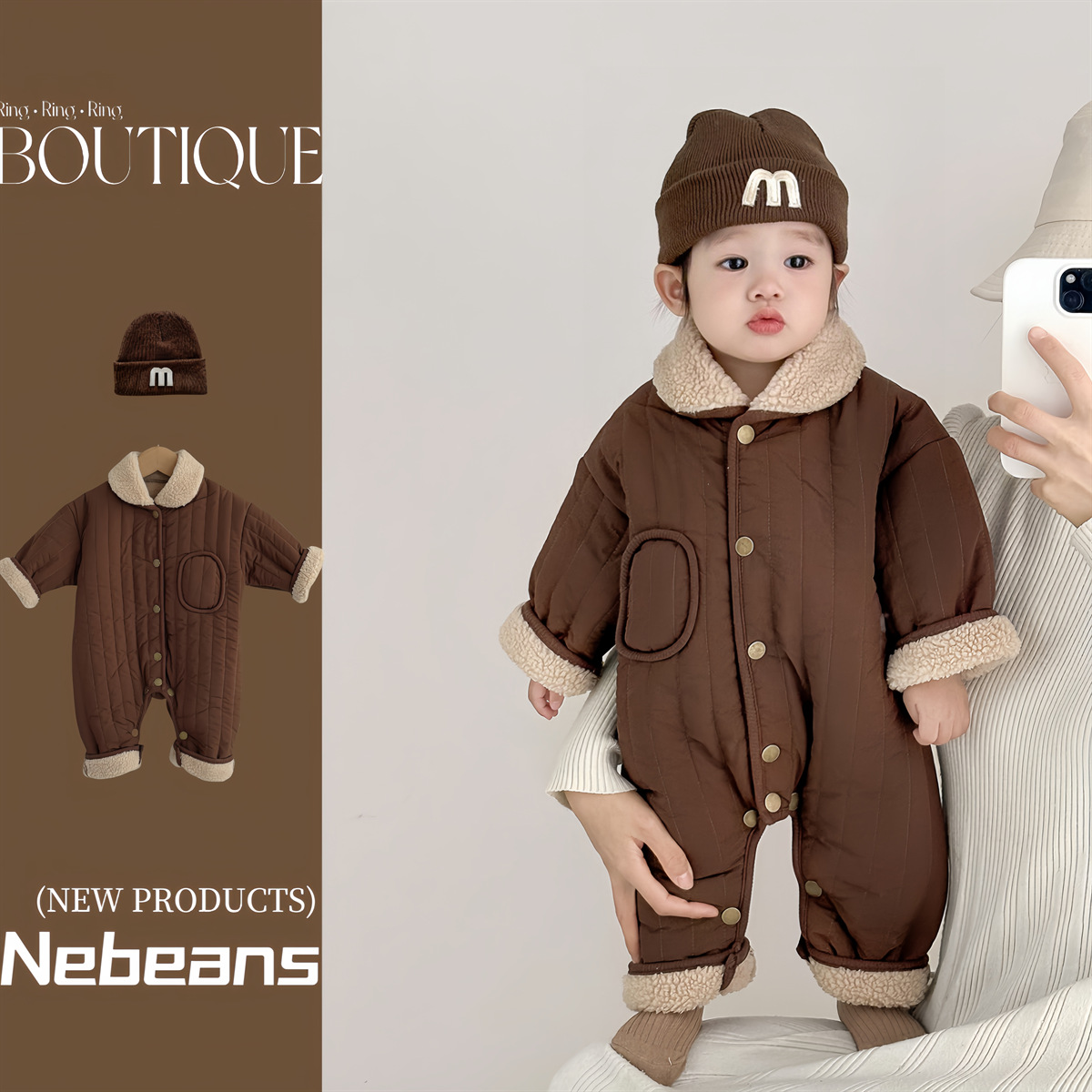 【批发】秋冬加绒男女宝潮款哈衣爬服婴儿小棉袄连身衣咖色外出服