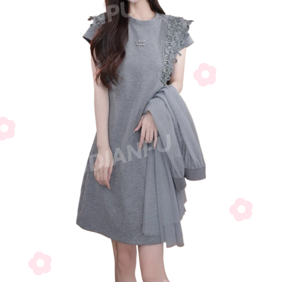 宁宁·陌上生花·夏季新款气质圆领刺绣拼接百搭显瘦时尚连衣裙